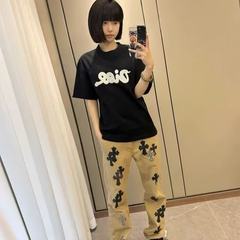 美式十字架轻奢牛仔裤重工刺绣贴皮男女同款宽松休闲百搭阔腿长裤