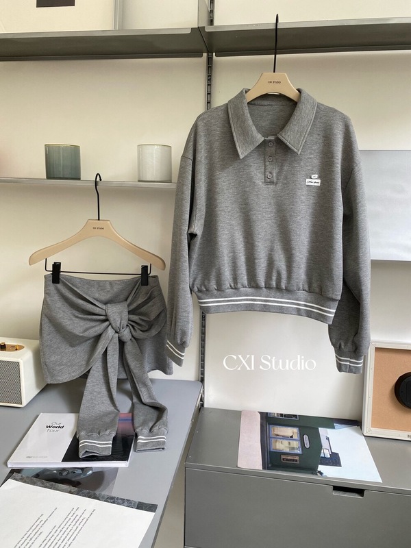 CXI 柏林少女polo领上衣半身裙两件套针织套装休闲宽松卫衣短裙|undefined