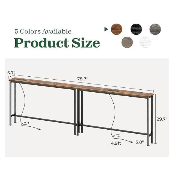 Narrow console table with sockets, 2-piece sofa table set, long entryway table behind the sofa with charging station