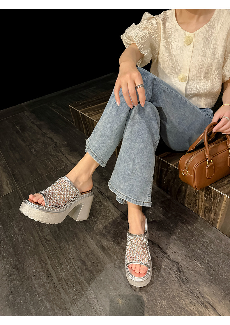 Sandal cao gót nữ hở mũi đế xuồng gót 10 cm quai ngang bện — màu đen, bạc chi tiết 7