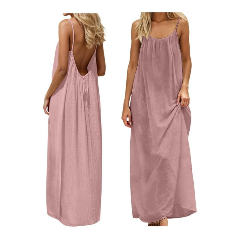 Amazon 2026 European and American Summer Women's Clothing Ice Silk Wrinkled Solid Color Pleated Backless Suspender Long Dress Beach Vacation Dress for Women
