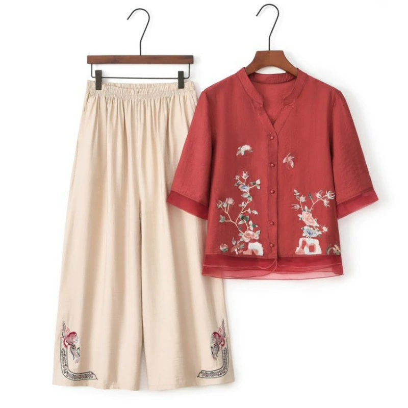 Летняя одежда для мам среднего возраста, новый костюм-рубашка в стиле шинуазри, 2024, новый стиль, футболка для женщин среднего и пожилого возраста, одежда