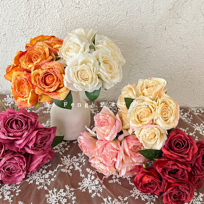 Kang Fei Mei Baked Edge Artificial Rose Decor Flower Artificial Flower Wedding Decoration Decor Bridal Flower Material Fake Flower Wholesale