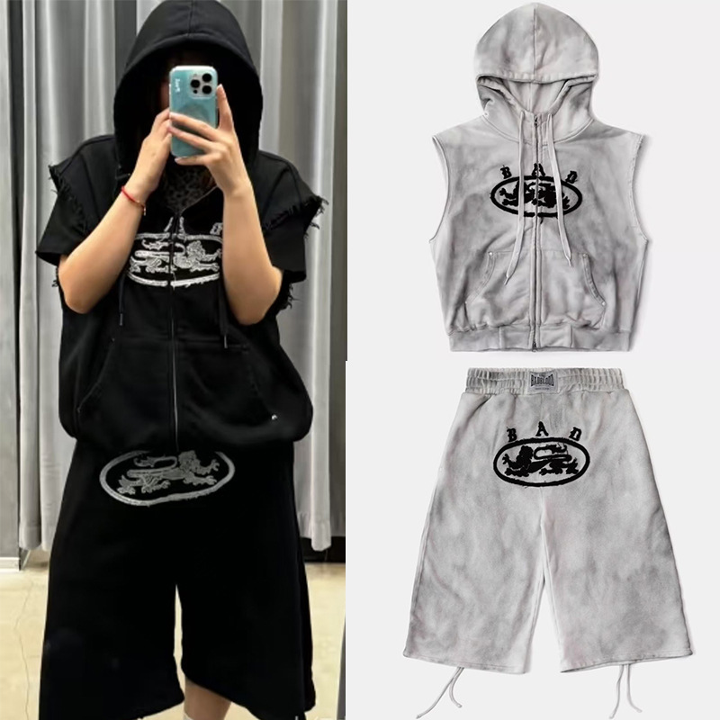 Badblood American Retro Tie-Dye Zipper Hooded Vest Casual Loose Cropped Pants Men's and Women's Street Suits Trendy