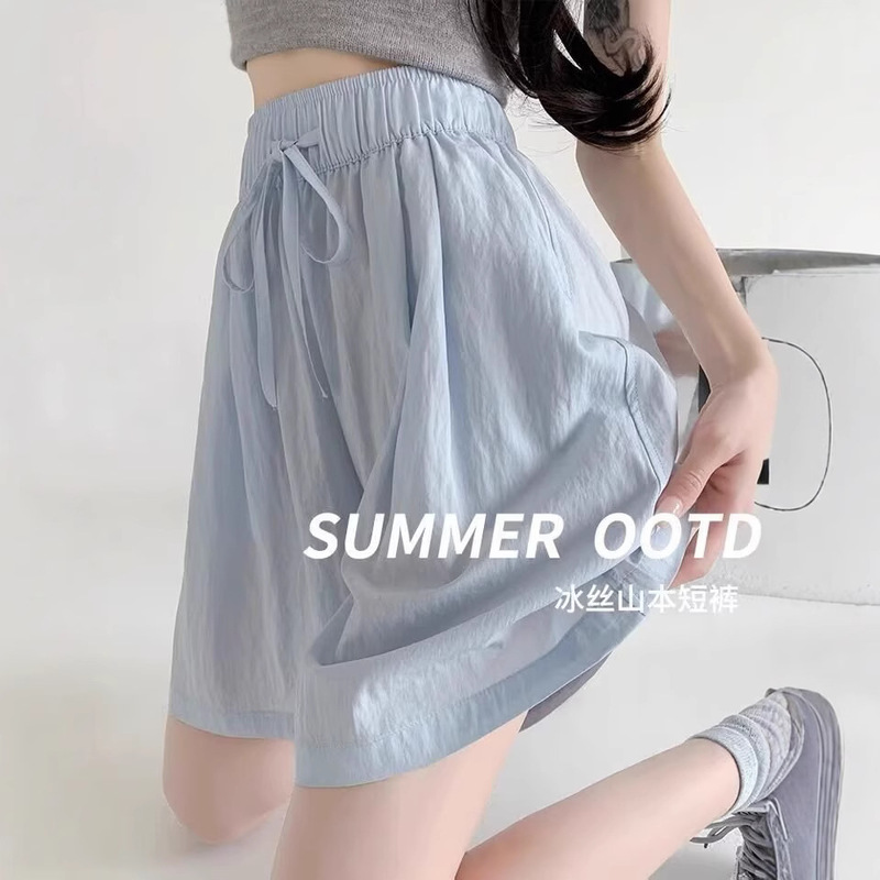 Blue Ice Silk Yamamoto Shorts Women's 2025 Summer New High Waist Casual Outerwear Wide Leg Medium Pants Sports Five-Fifth Pants