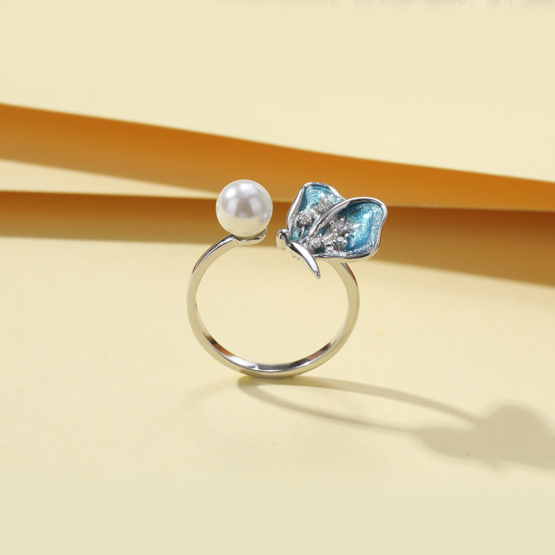 Estilo coreano nuevo simple chica fresca anillo s925 plata esterlina rebordear mariposa personalidad anillo de la perla abierta