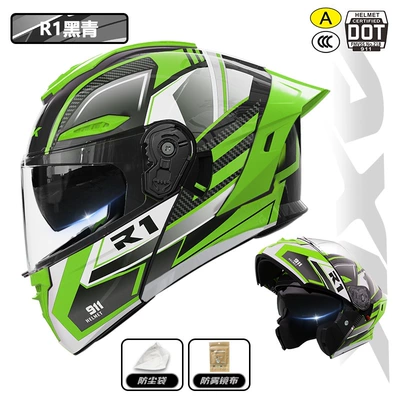 Motosiklet kaskı (dəbilqə) — Warm Motorcycle Flip-Up Helmet for - 911-face-revealing-helmet-r1-black-and-green-3cdot-dual-certification-l-size57-59