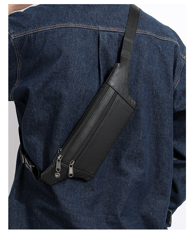 94g Weight Polyester Lining Material Sewing Thread Fashion Element Zipper Closure Type Sling Strap Strap Type Fanny Pack Bags Type Casual Occasion Genuine leather Material Solid Color Pattern All Seasons Season Men's Gender Streetwear Style Square Shape Men's Streetwear Solid Color Genuine Leather Men's Waist Bags 13