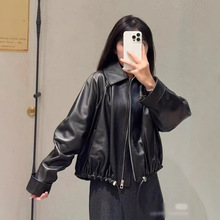 南油女装2025春夏新款绵羊皮翻领夹克女高级感真皮衣宽松通勤外套