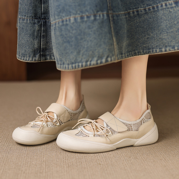 Giày sneaker nữ đế dày ren lưới phối màu cổ thấp — màu trắng ngà chi tiết 22