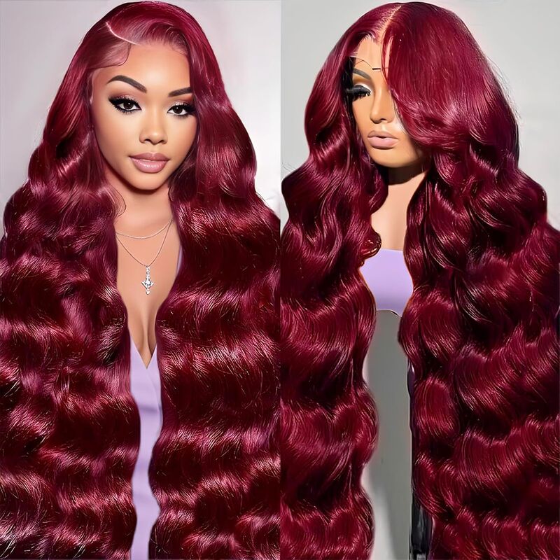 Body Wave Wig Human Hair 99J Foreign Trade European and American Style 13*4 Front Lace Full Wig