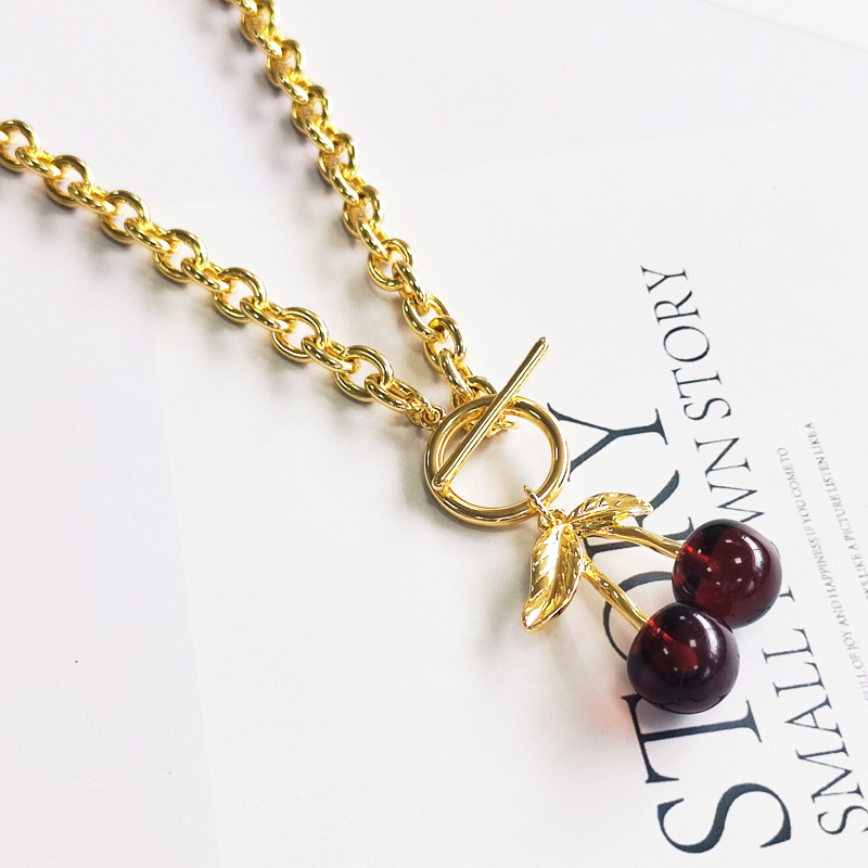 Copper Chain Material Wholesale Jewelry Vacation Simple Style Cherry Arylic Copper Pendant Necklace Cable Chain