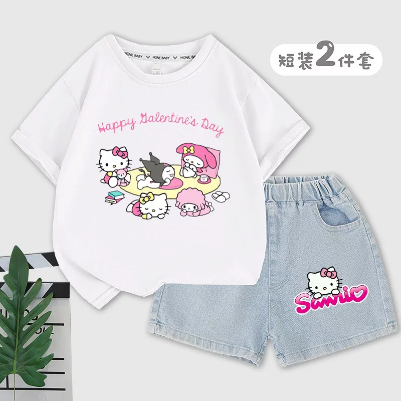 Hello kitty, футболка с коротким рукавом, шорты, брюки, набор, форма, для подростков, с коротким рукавом