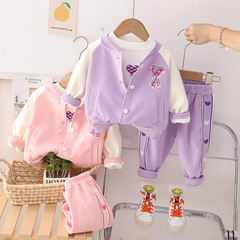 Girls' Autumn Outfit 2023 New Arrival Set Cute and Trendy Baby Girls' Autumn Heart Baseball Suit Set of 3