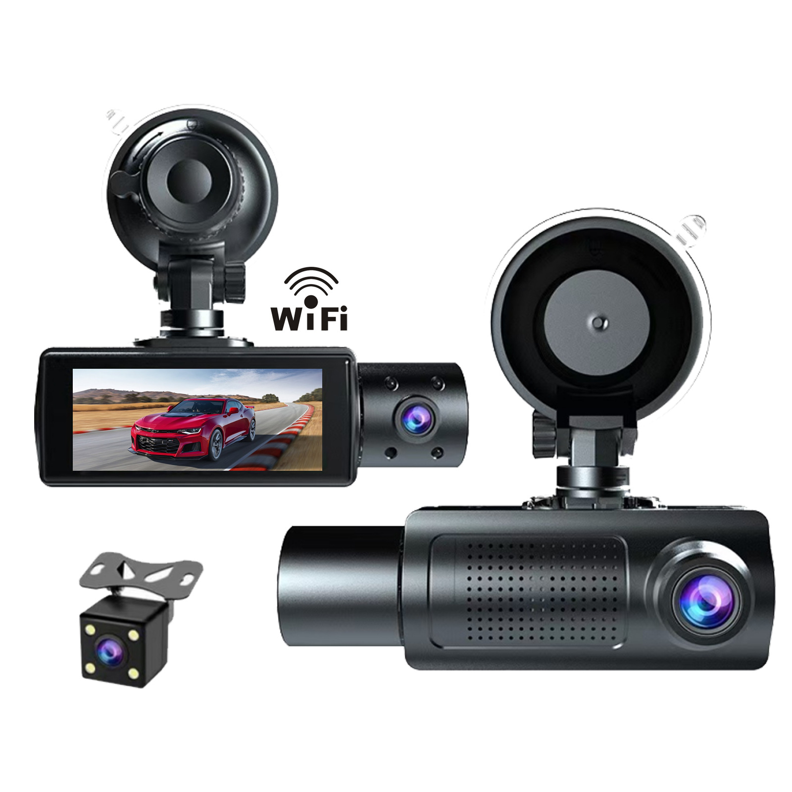 Cross-Border 3.16inch Three-Camera 1080P+480+480+Wifi Dash Cam High-Definition Three-Lens Recorder