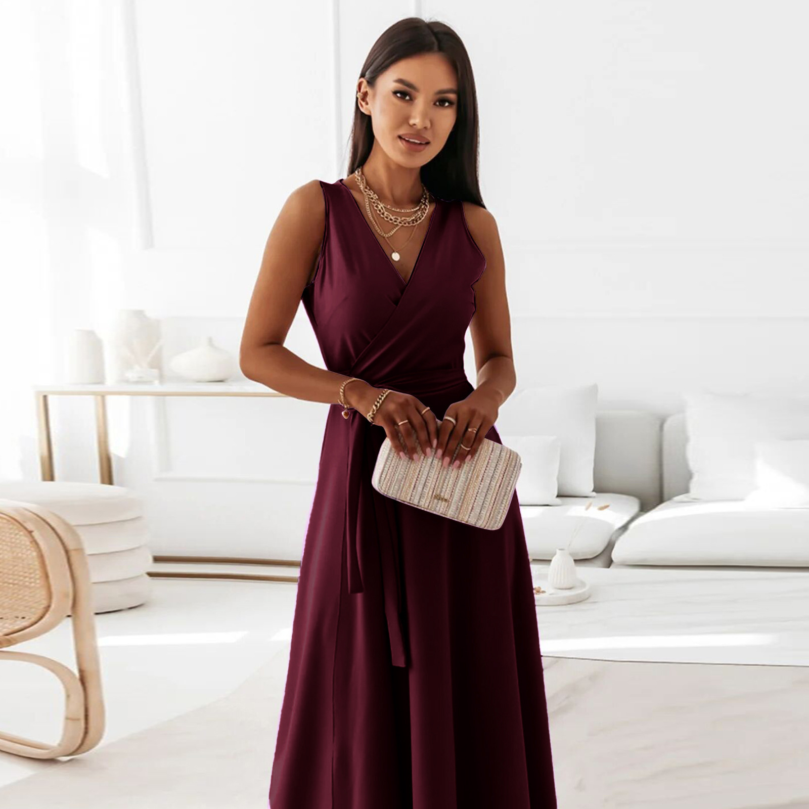 2025 Independent Station European And American Cro-Border Spring Summer New Women's Solid Color V-Neck Long_ecoleips.com