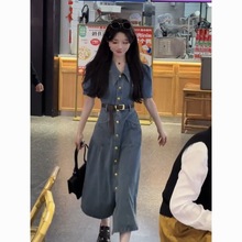韩版时尚少女感减龄穿搭2024夏季新款单排扣高腰口袋翻领连衣裙