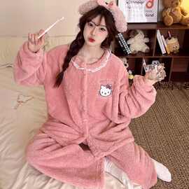 毛绒睡衣女2026新款秋冬季长袖开衫珊瑚绒加厚保暖休闲家居服套装