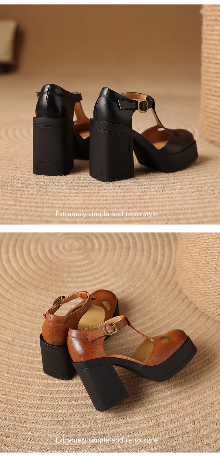 Sandal nữ đế xuồng platform gót vuông phong cách vintage khóa kim loại — màu nâu, màu đen chi tiết 16