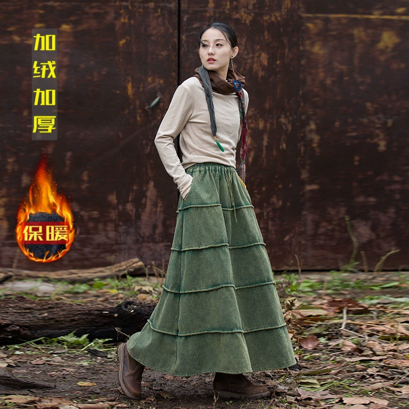 Новинка осенне-зимнего сезона: женская юбка из хлопка и льна, утепленная флисом, из рафии, с эффектом окрашивания, в стиле ретро, универсальная, средней длины.