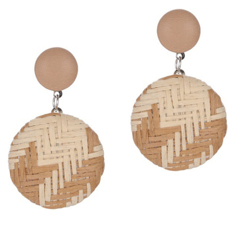 New European and American Cross-Border Earrings Bohemian Style Retro Button Drop Earrings Ethnic Style Woven Grass Paper Round Earrings