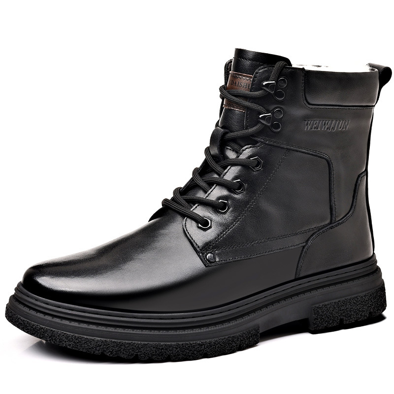 Capa de piel de vaca de invierno para hombres zapatos de algodón de lana de cuero al aire libre botas militares cálidas para hombres botas de cuero de terciopelo botas Martin para hombres