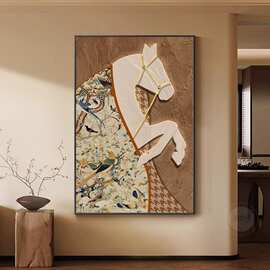 中古风客厅装饰画新款马到成功复古沙发背景墙挂画高级感玄关壁画