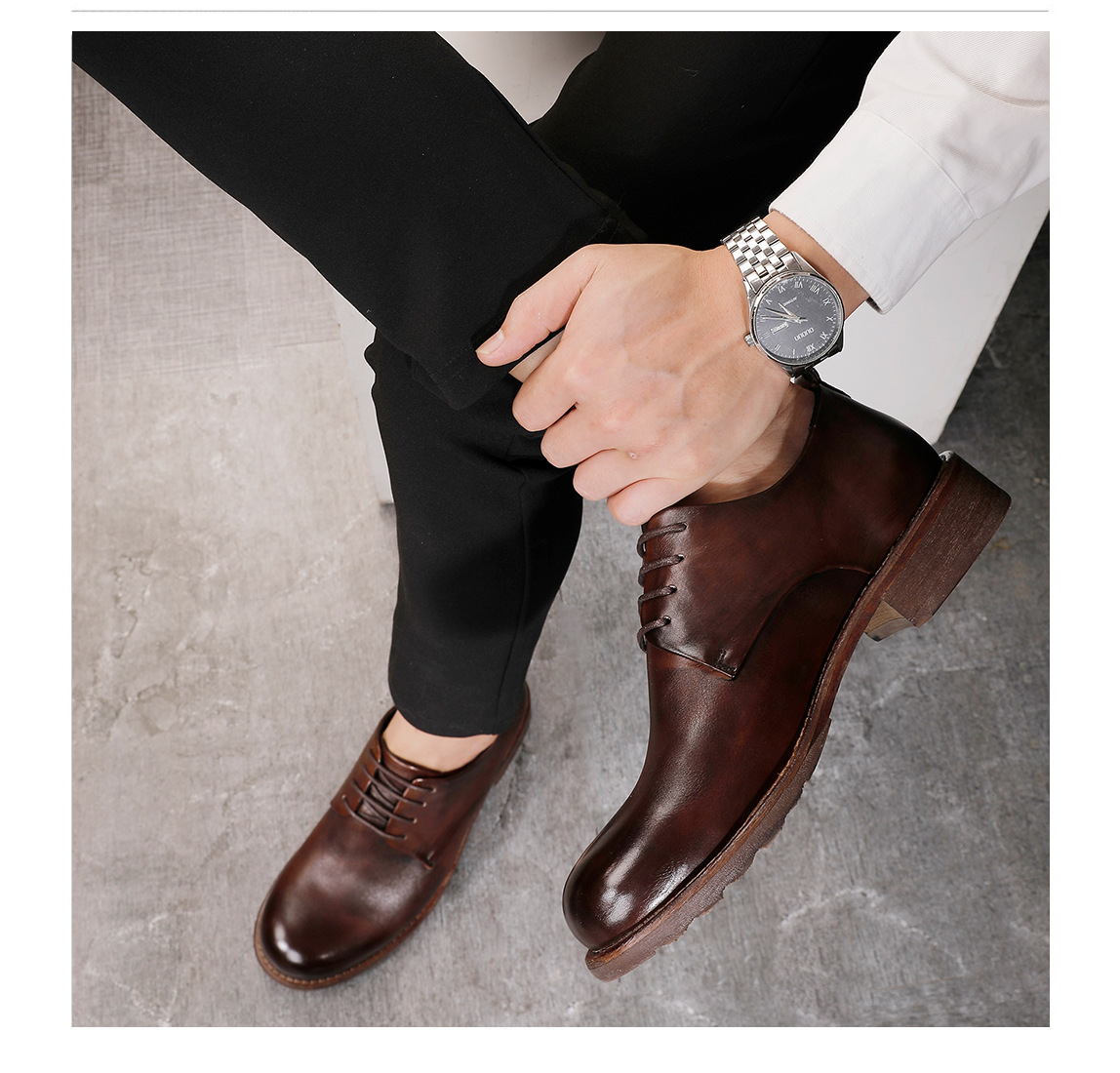 Chaussures en cuir à lacets pour hommes, semelle extérieure en cuir, tête ronde, décontractées, couche de tête, cuir de vache, couleur unie_voghion.com