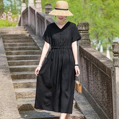 黒フレンチチェック柄ドレス 2025 新しい女性の夏のハイエンド若い母親の気質コットンシルクロングスカート