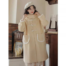 2025秋冬连帽牛角扣毛呢加绒外套女秋冬新款小个子中长款呢子大衣