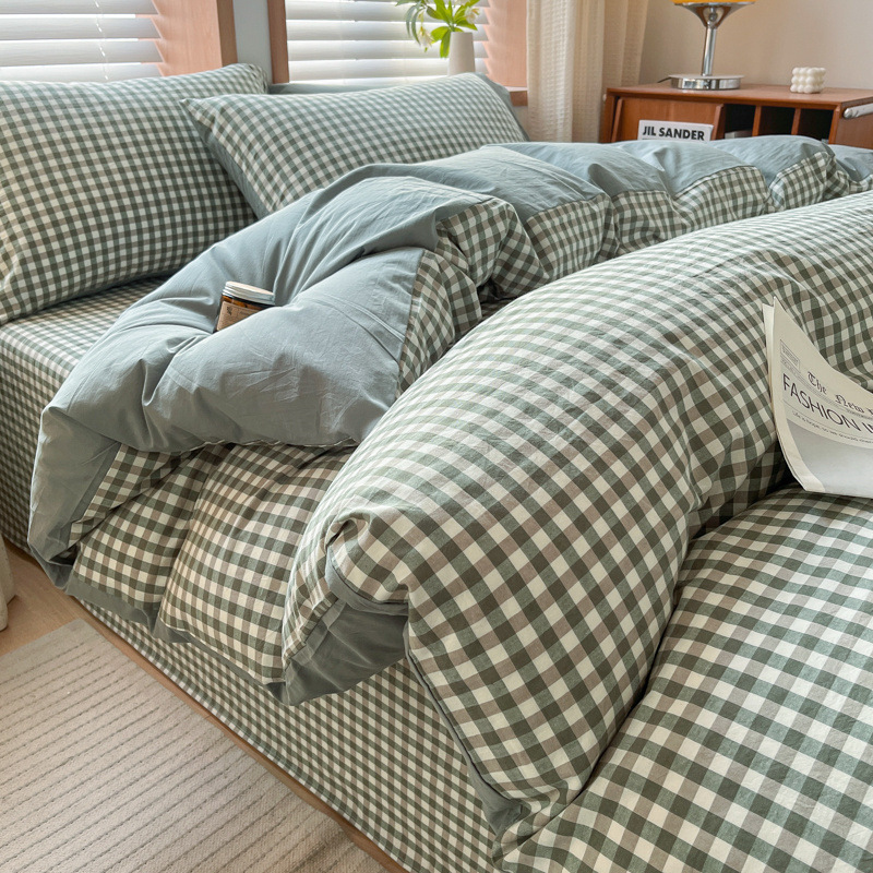 Juego de cuatro piezas de algodón lavado teñido en hilo para estudiantes 2025 nuevo juego de sábanas de edredón de dormitorio de estudiantes de tres piezas