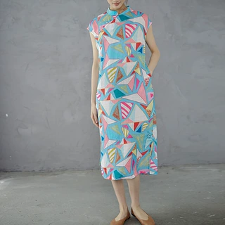 夏季新品 纸飞机印花 文艺中式改良无袖纯苎麻连衣裙S23007