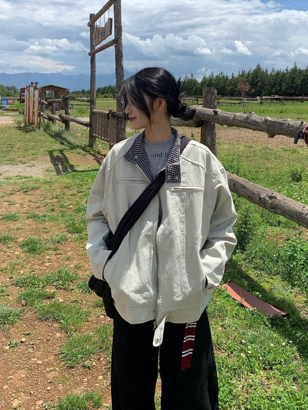 2025新款春秋美式工装夹克女宽松拉链百搭格子帆布休闲立领外套女|undefined