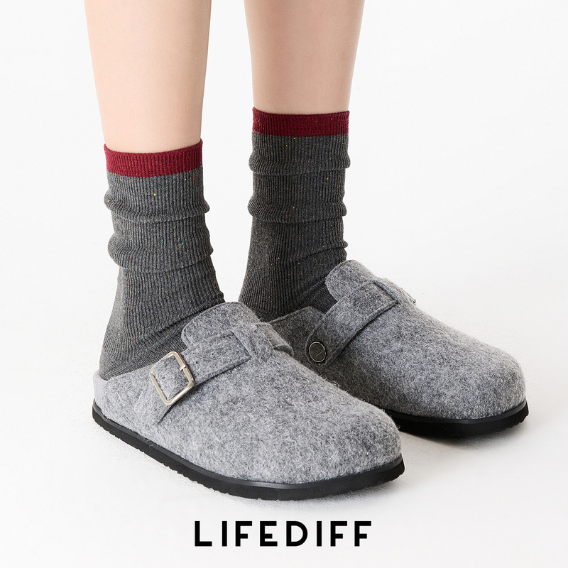 Color-Blocked Slouch Socks for Women, Seamless Autumn and Winter Ribbed Color-Blocked Mid-Calf Cotton Socks, Dark Gray 25258