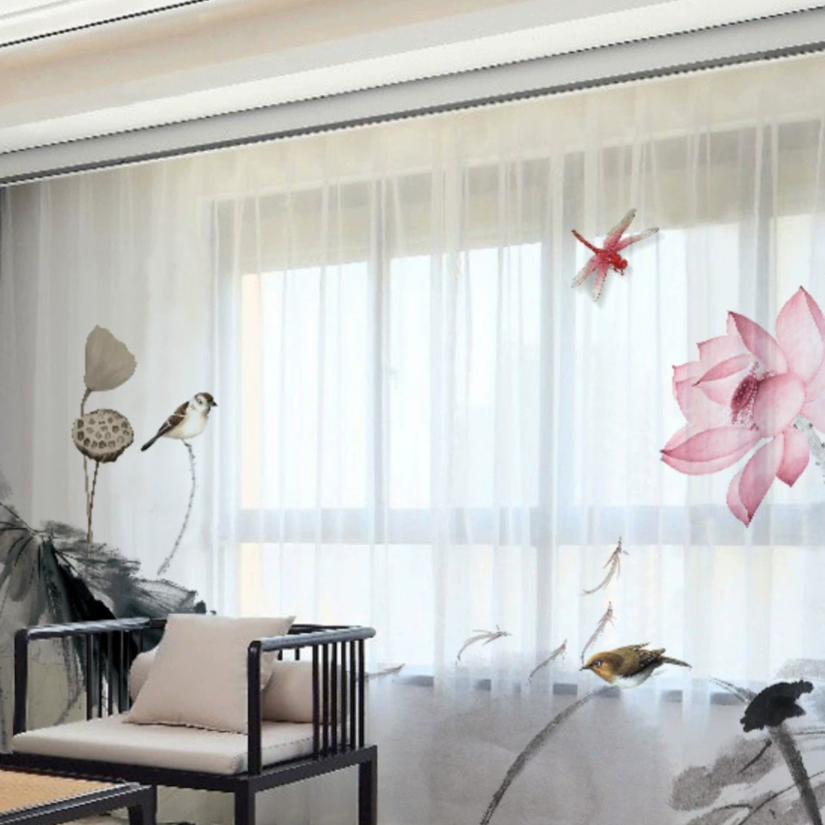 Новый китайский стиль, древний стиль, чернила, лотос, лотос, гостиная, спальня, кабинет, чайная комната, пруд с лотосом, лунный свет, занавески в стиле дзен, оконные ширмы