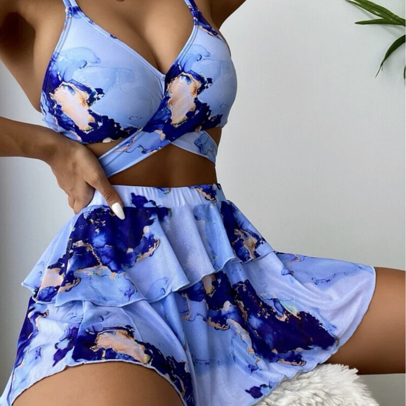 2022 European and American New Marble Print Three-piece Sexy Bikini Beach Dress Cross-border AliExpress