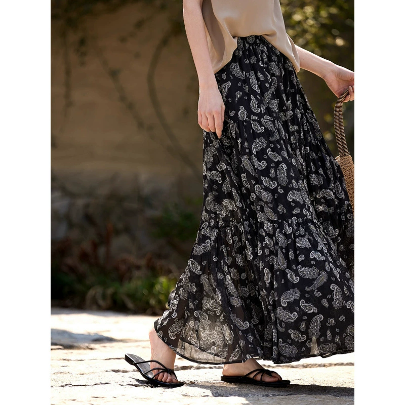 Юбка с принтом Whisper of the Seine в праздничном стиле, длинная юбка с цветочным принтом во французском стиле ретро, ​​юбка трапециевидной формы, весенний новый стиль