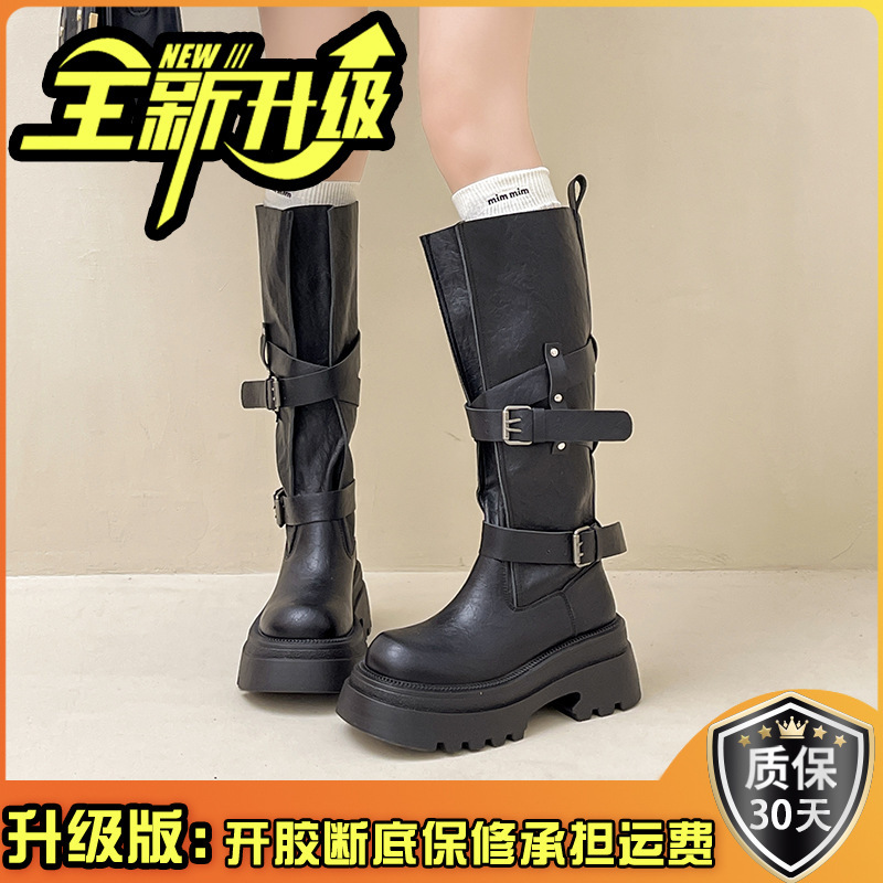 百搭复古皮带扣机车靴女秋季时尚设计感小个子皮靴厚底增高骑士靴|undefined