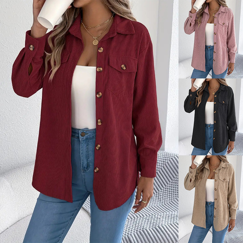 2025 Amazon Autumn and Winter European and American Style Elegant Single-Breasted Solid Color Long-Sleeve Corduroy Jacket Shirt Loose and Slimming