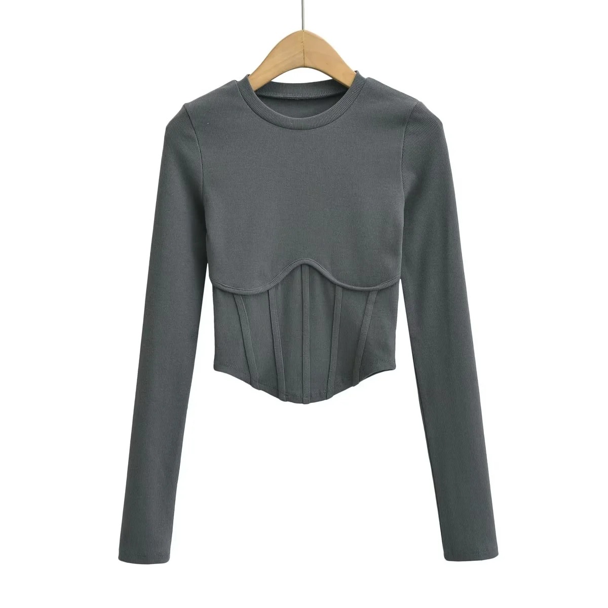 Stickad damtopp med lång ärm och fiskbensmönster slim fit_voghion.com