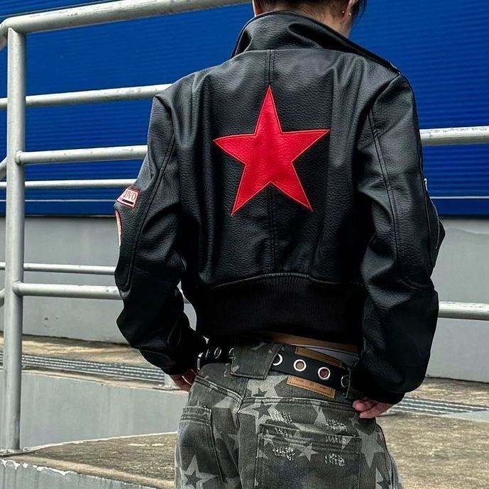 American-Style Badge Stand-Collar Motorcycle Leather Jacket Autumn Trendy High Street Casual Short Jacket 2025Aw Autumn/Winter Women