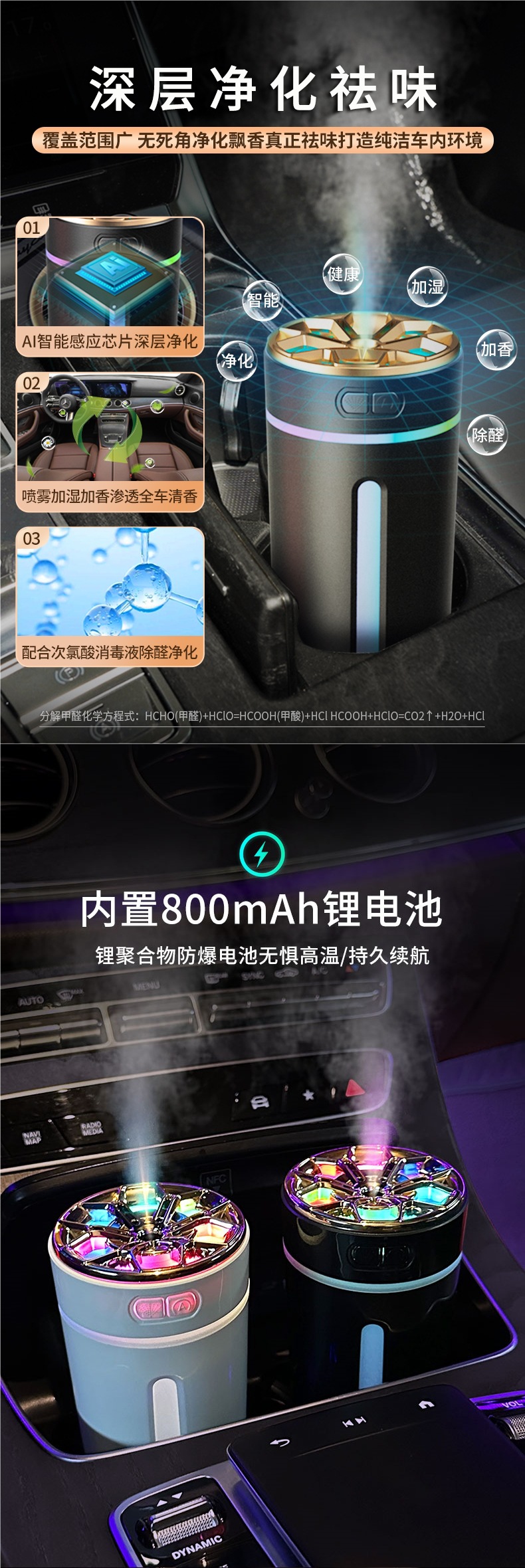 Smart Car Humidifier, Air Purifier, Aromatherapy Essential Oil, Car Odor Removal, Car Perfume, Atmosphere Light, Oxygen Bar