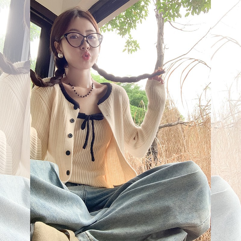 韩系针织开衫配吊带女早秋季新款软糯毛衣外套外搭上衣氛围感穿搭|undefined