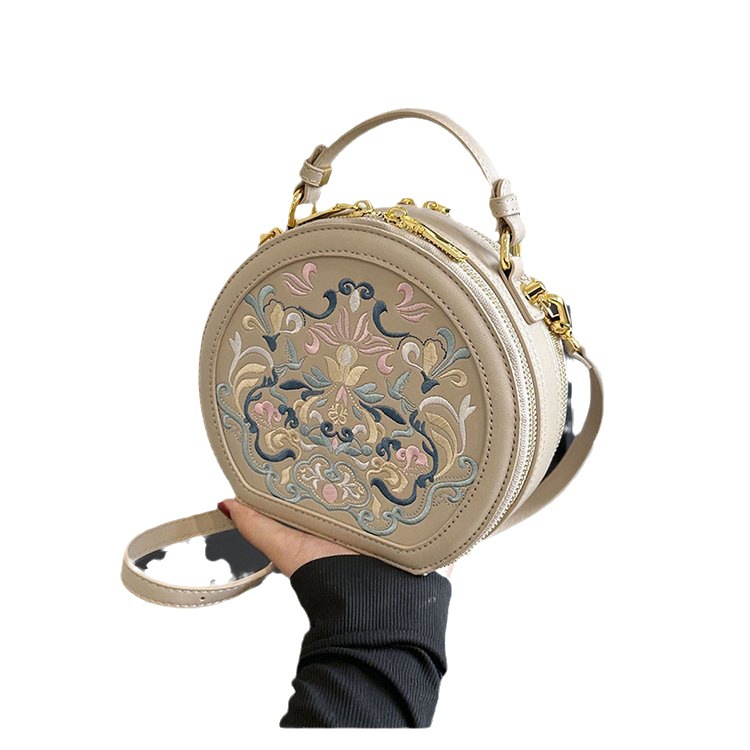 2023 verano nuevo estilo chino artístico bolso de hombro pequeño bolso redondo cremallera bolso de las mujeres estilo antiguo creativo bolsa de gran capacidad