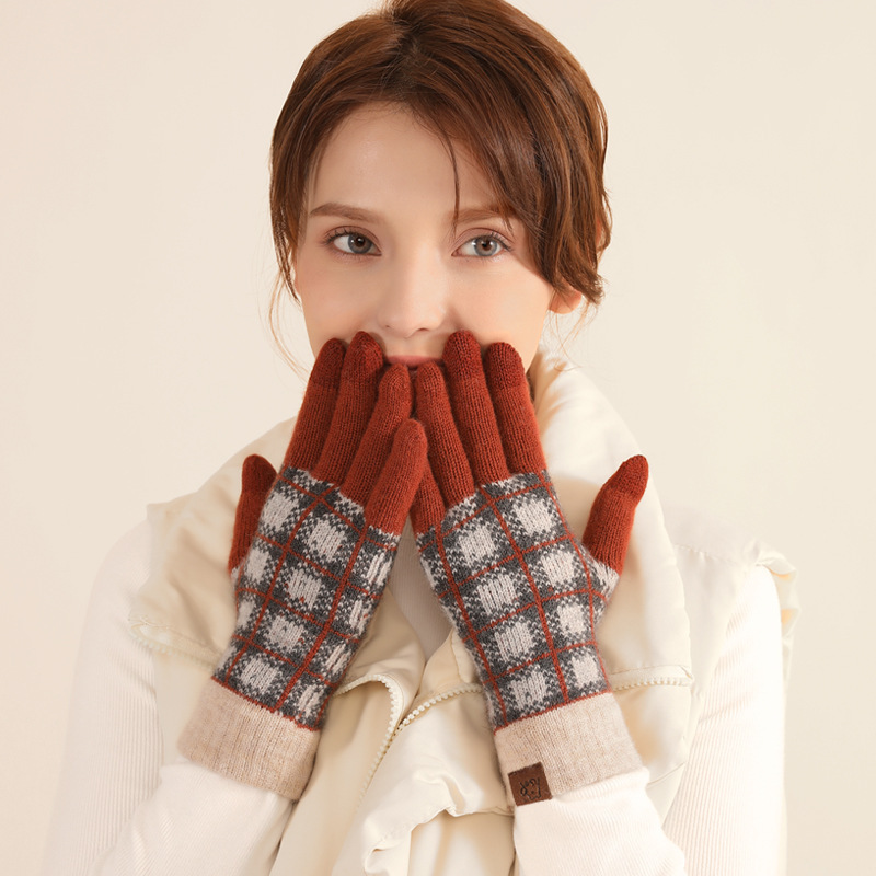 大人用ウール冬用手袋 女性用 日韓風 格子柄 アウトドア 保温 防寒 裏起毛 ニット サイクリング フルフィンガーグローブ|undefined