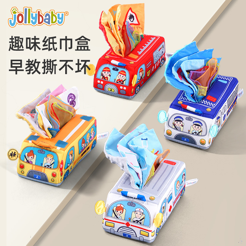 Caja de pañuelos Jolly Baby con música, bombeo con el dedo, entrenamiento sensorial para bebés de 3 meses, rompecabezas y juguetes educativos.