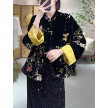 尾单高品质2025秋冬新款烧花丝绒加薄棉外套新中式国风复古经典女