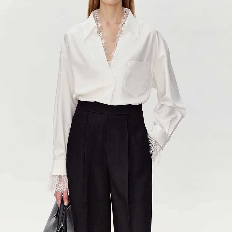 Wholesale from Stock Manufacturers, Matching Shirts, Lace Splicing V Neck Straight Shirts for Women, Design Casual Tops