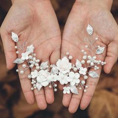 アマゾンクロスボーダー専用白い柔らかい陶器の花銀色の合金の葉の新婦の結婚式の手作りの髪飾り