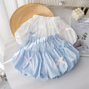 Little Girl Summer Shorts Korean Style Fresh Solid Color Bowknot Bloomers for Girls Sweet Versatile Summer Pants